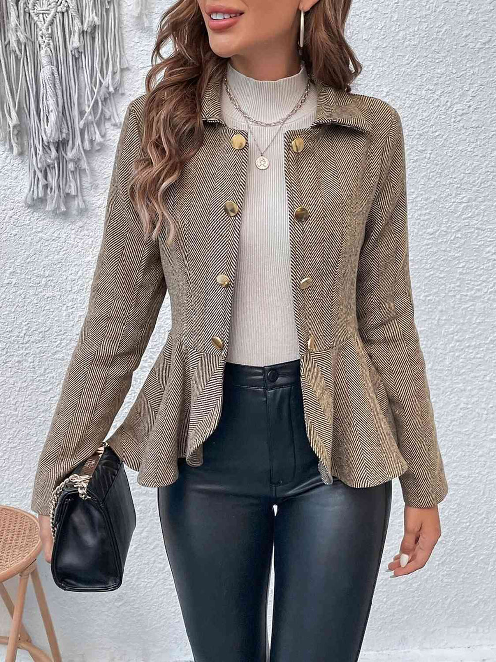 Charcoal collared blazer, back view showing ruffle hem