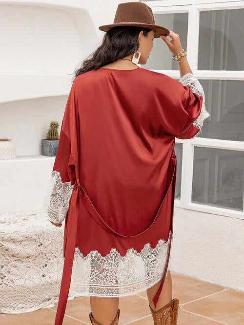 Brick red plus size robe, lace patchwork detail
