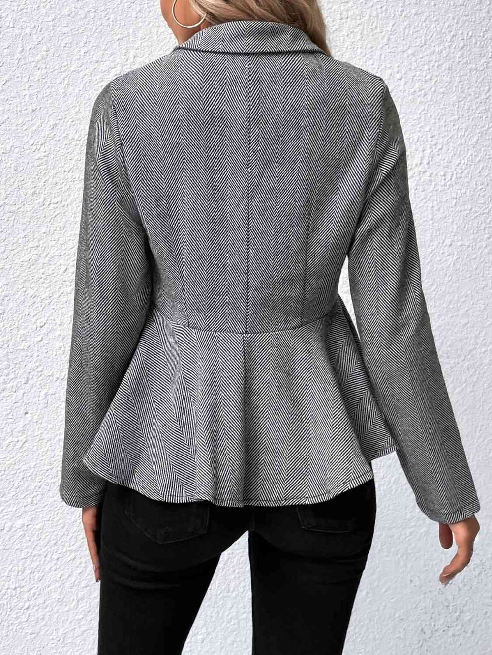 Heather gray ruffle hem blazer, side view on model