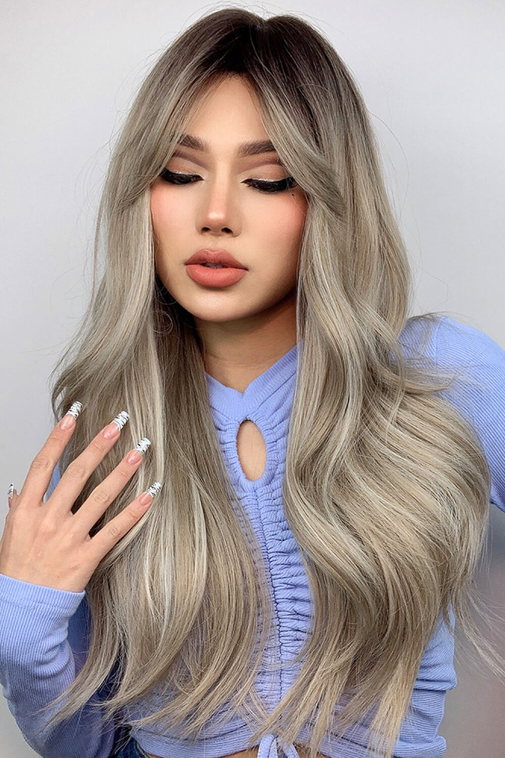 Ash blonde balayage wig three-quarter view