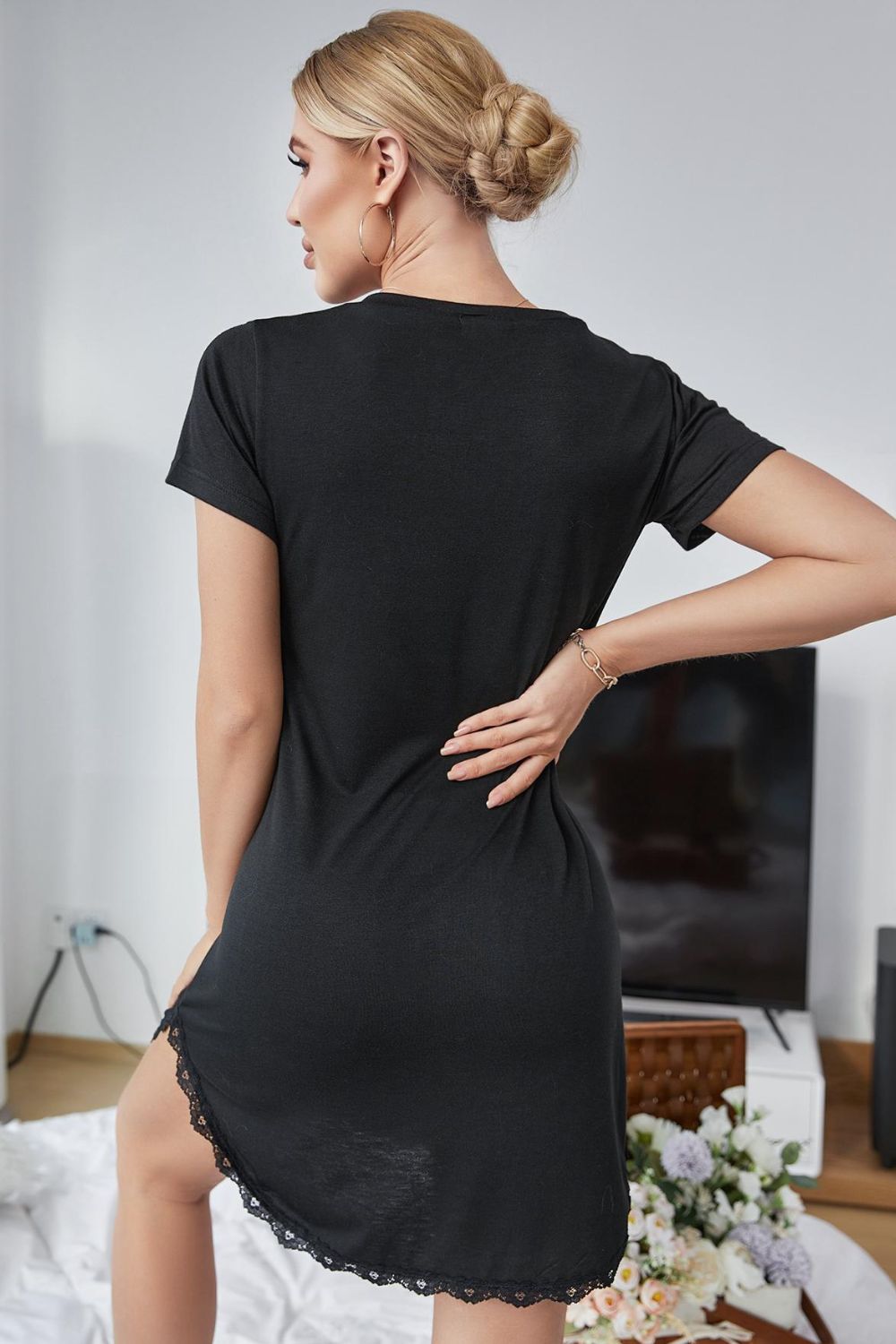 RISE AND SHINE Contrast Lace V-Neck T-Shirt Dress D'Journè Fashion