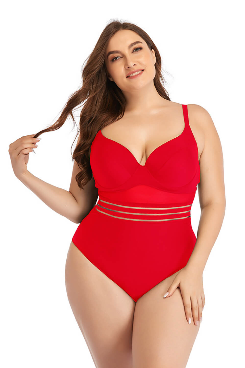 Plus Size Spliced Mesh Tie-Back One-Piece Swimsuit D'Journè Fashion