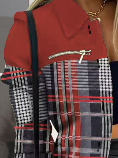 Model in deep red printed shacket jacket, side angle