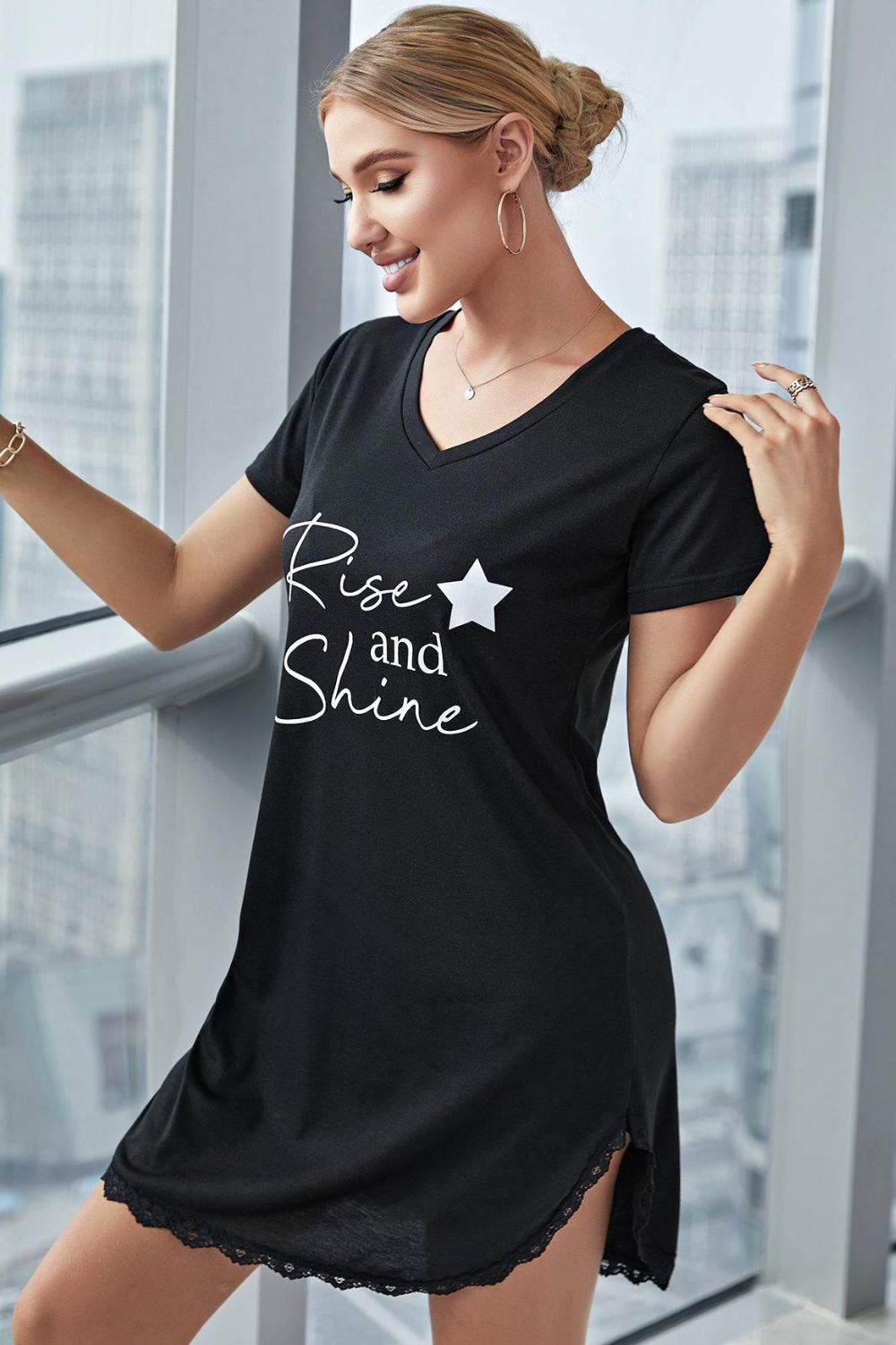RISE AND SHINE Contrast Lace V-Neck T-Shirt Dress D'Journè Fashion