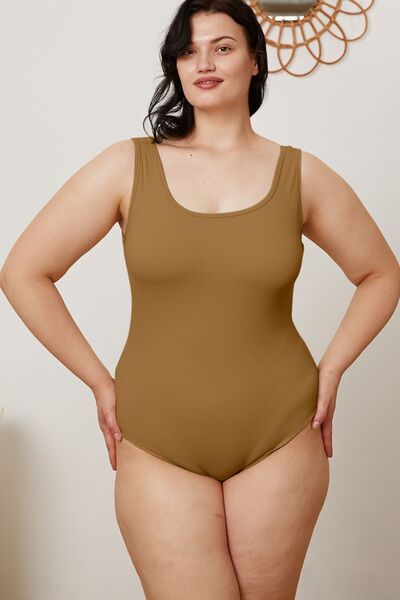 Camel square neck bodysuit neckline detail close up