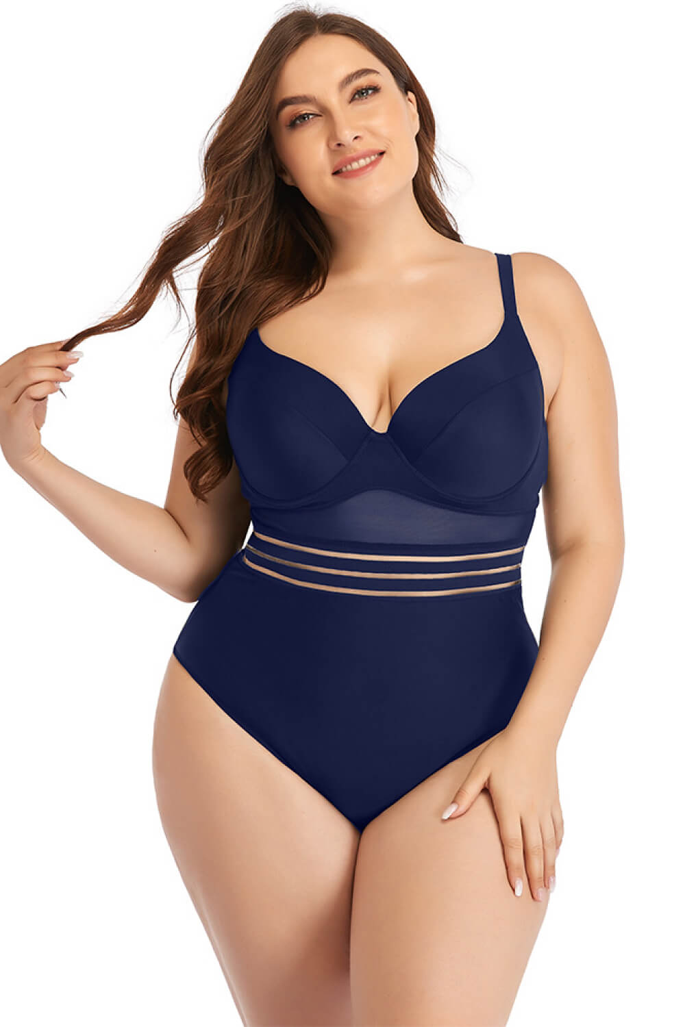 Plus Size Spliced Mesh Tie-Back One-Piece Swimsuit D'Journè Fashion