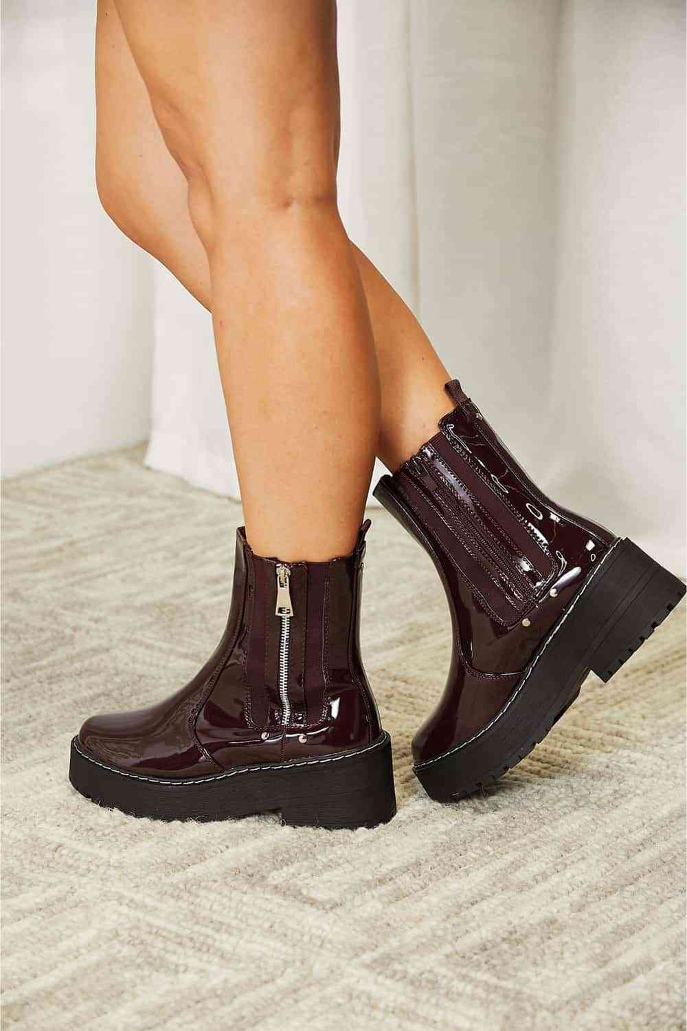 Wine platform ankle boots, angled pair view