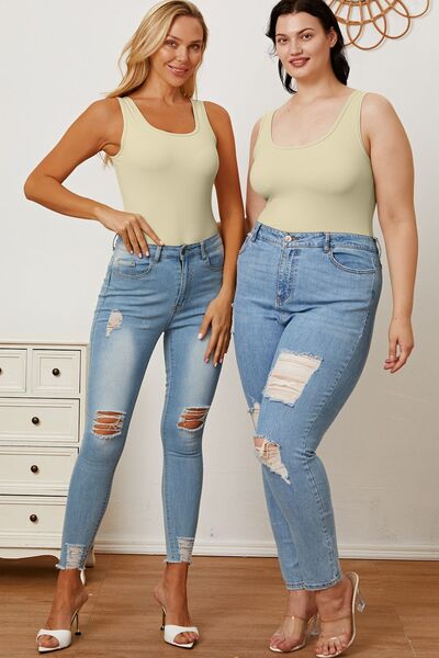 Beige square neck bodysuit stretch fabric detail