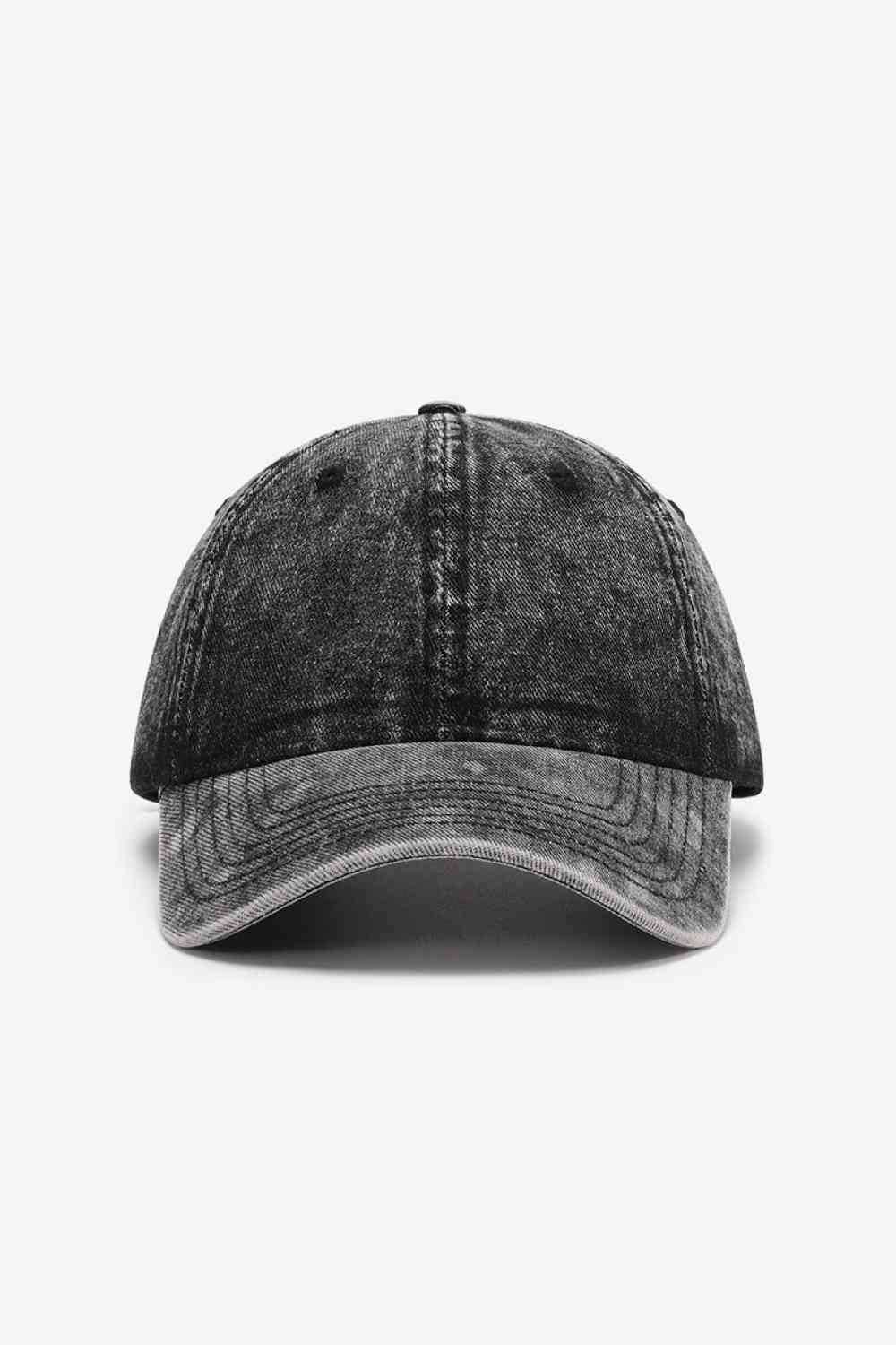 Black baseball cap side view showing curved brim