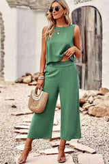 True Buttoned Round Neck Tank and Wide Leg Pants Set