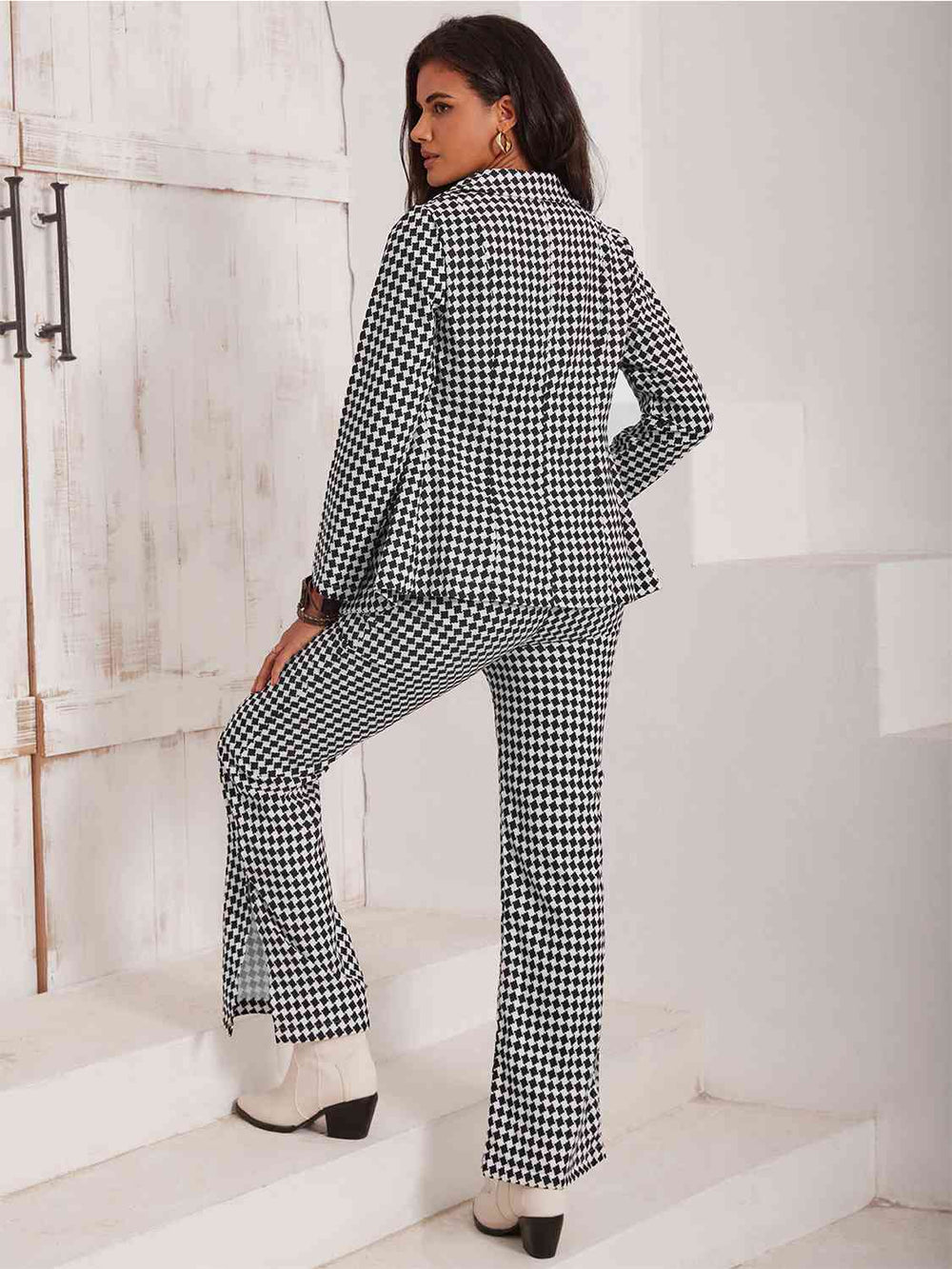 Checkered blazer and slit pants set plaid two-piece, side view on model