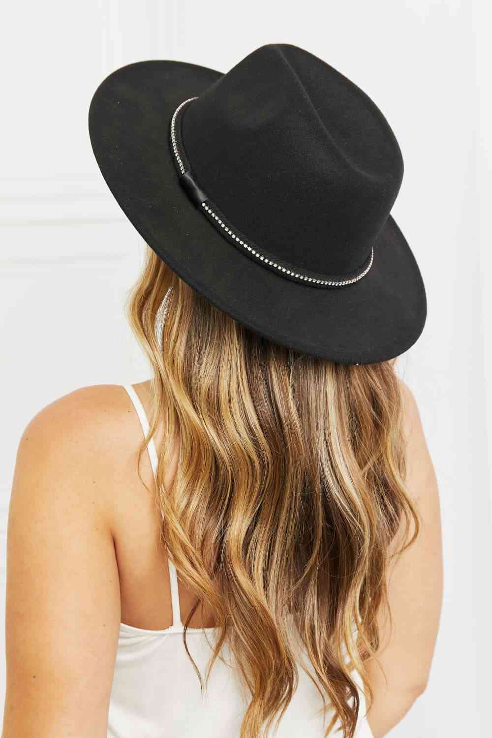 D'Journé Fashion Bring It Back black felt fedora hat with rhinestones, front view