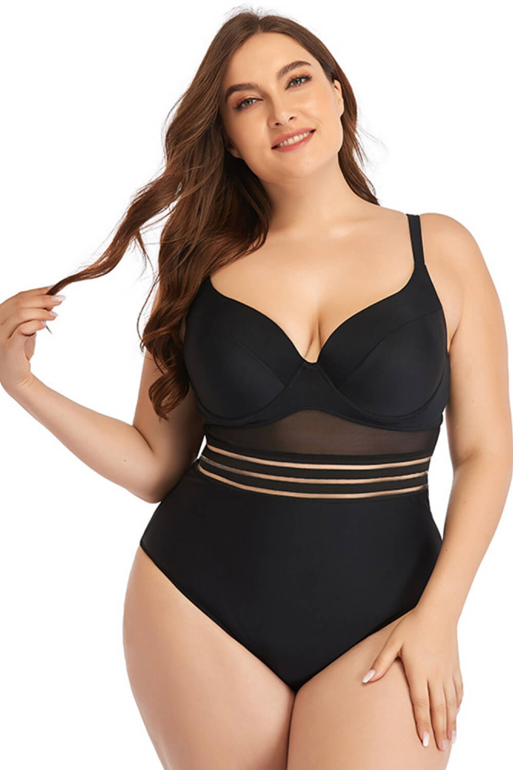 Plus Size Spliced Mesh Tie-Back One-Piece Swimsuit D'Journè Fashion