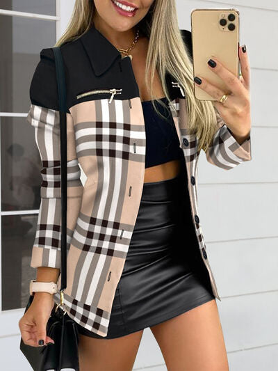 Charcoal printed shacket jacket, side view