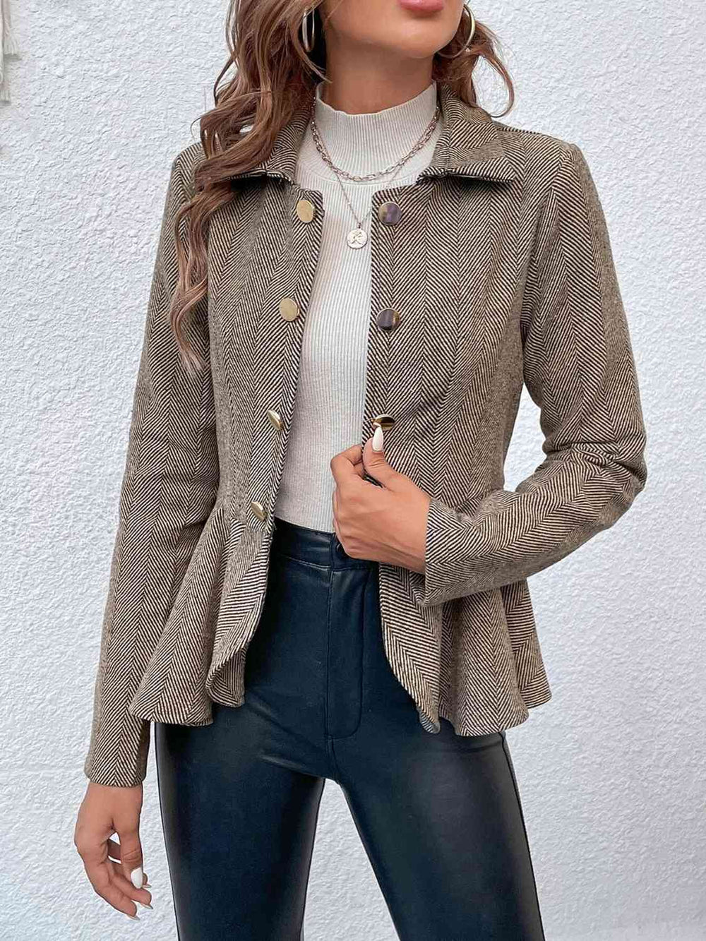 Tan ruffle hem collared blazer, front view on model