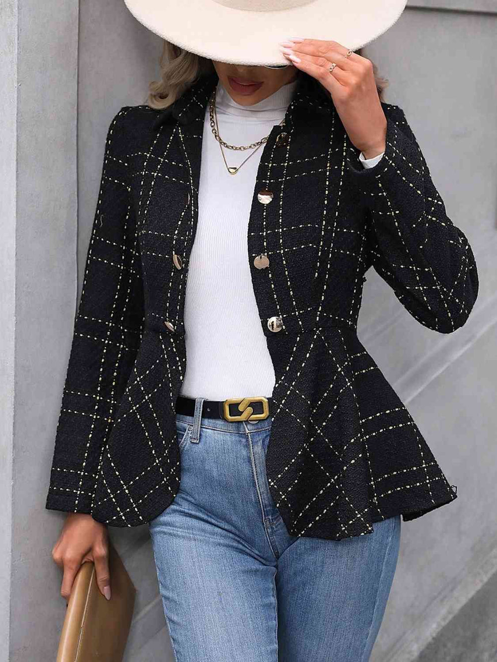 D'Journé Fashion ruffle hem collared blazer in black, front view on model