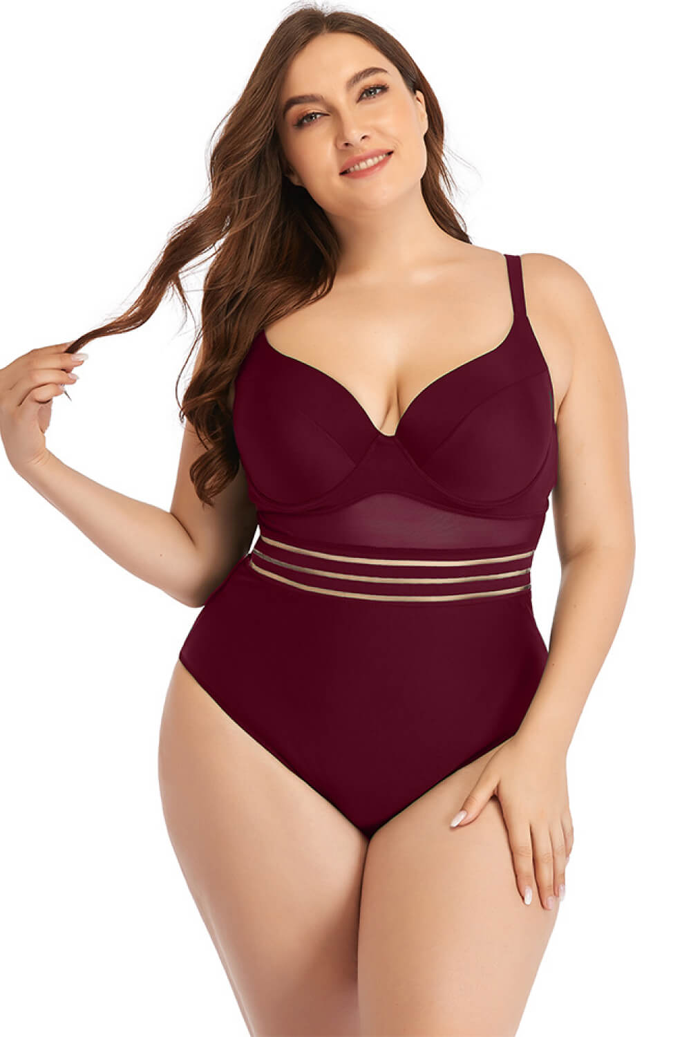 Plus Size Spliced Mesh Tie-Back One-Piece Swimsuit D'Journè Fashion