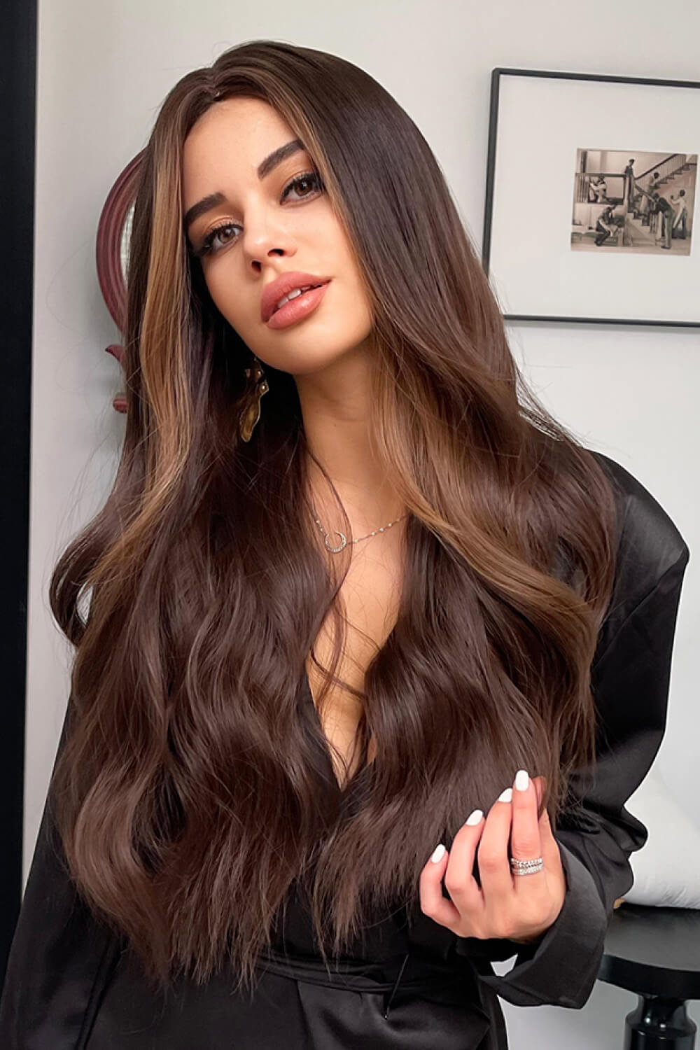 Long coffee brown wig angled studio view