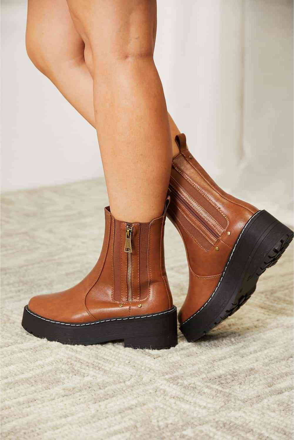 Chestnut platform boots, side zipper detail