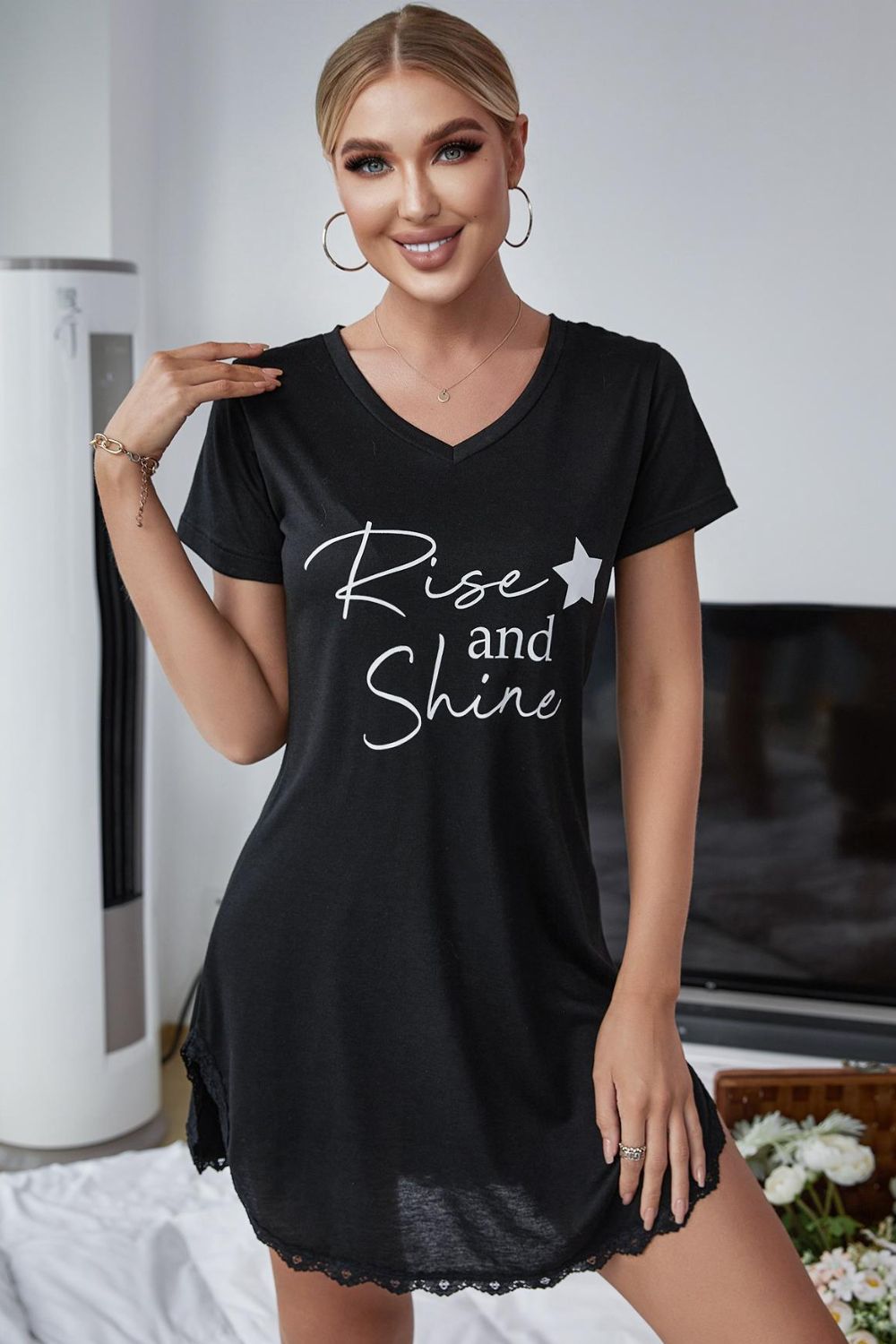 RISE AND SHINE Contrast Lace V-Neck T-Shirt Dress D'Journè Fashion