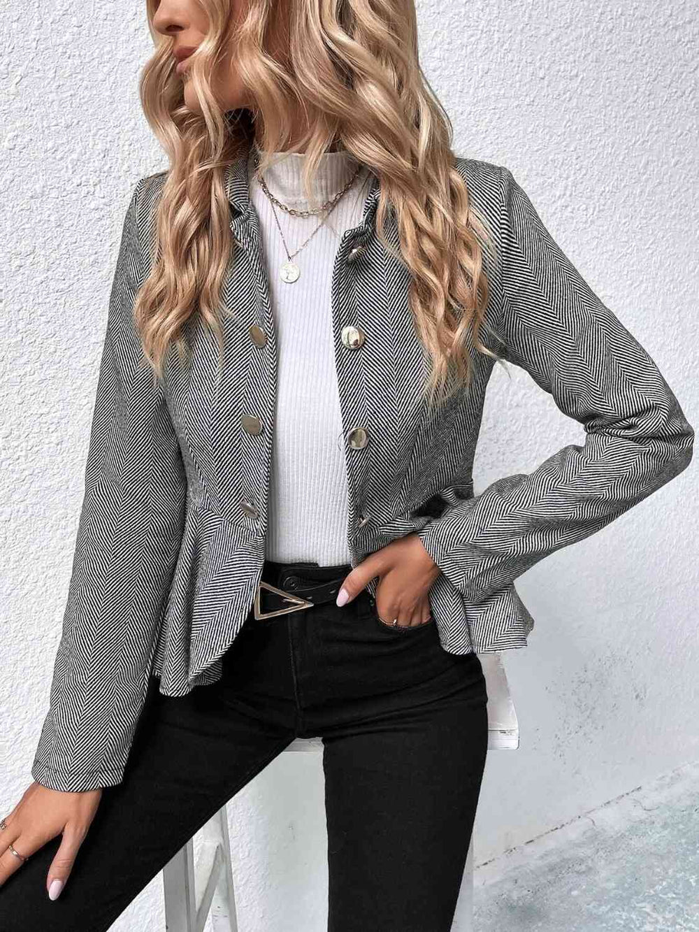 Heather gray ruffle hem collared blazer, front view on model