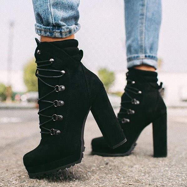 Heeled Boots For Women Round Toe Lace UP High Heels Boots Mid Calf Shoes D'Journè Fashion