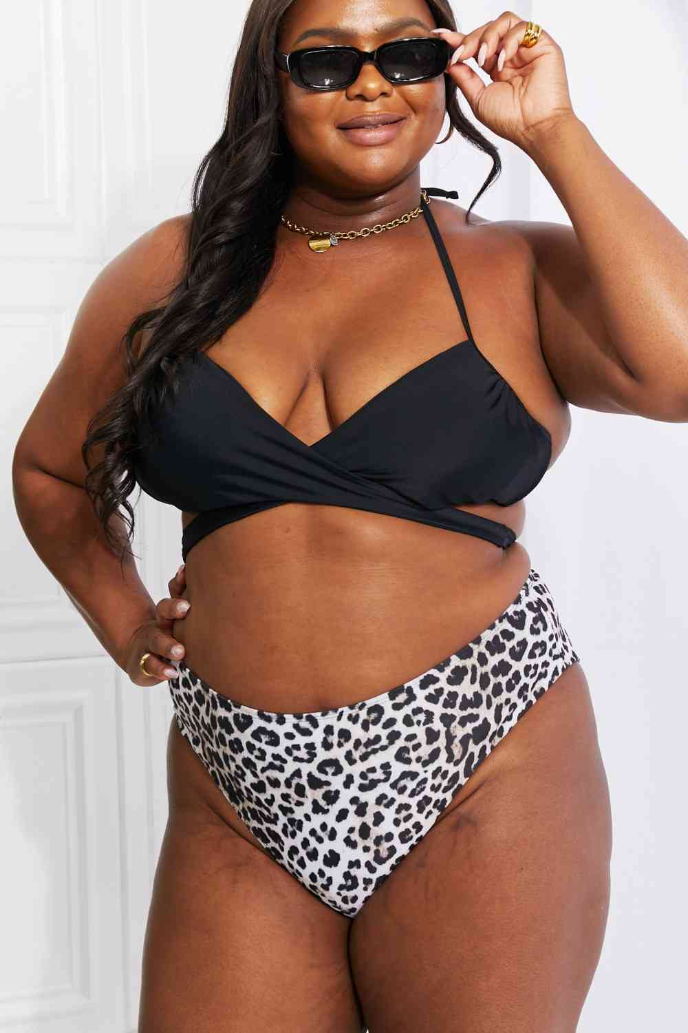 Leopard Swim Summer Splash Halter Bikini Set in Black