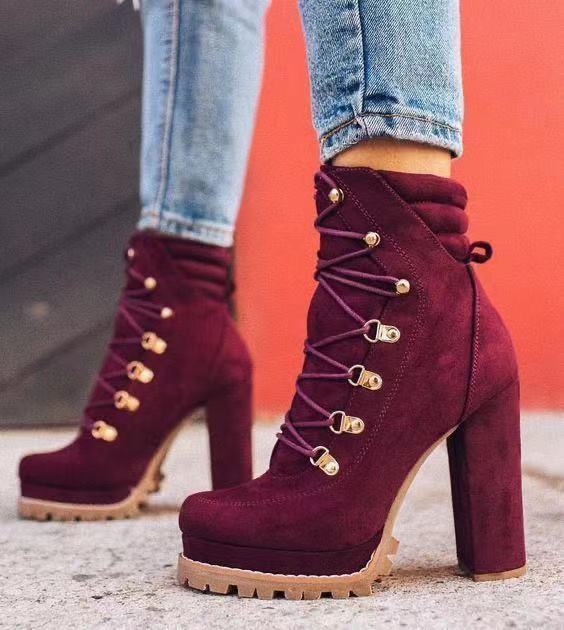 Heeled Boots For Women Round Toe Lace UP High Heels Boots Mid Calf Shoes D'Journè Fashion