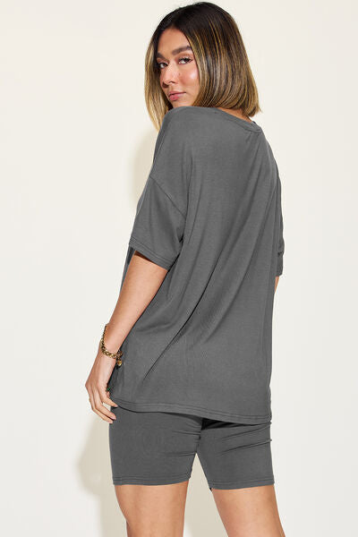Lush Bae Full Size V-Neck Drop Shoulder Short Sleeve T-Shirt and Shorts Set