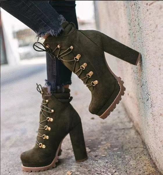 Heeled Boots For Women Round Toe Lace UP High Heels Boots Mid Calf Shoes D'Journè Fashion