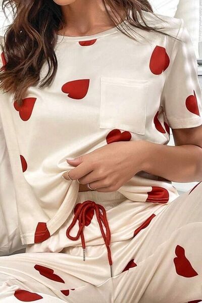 Heart print lounge top, lace detail and drawstring waist close-up