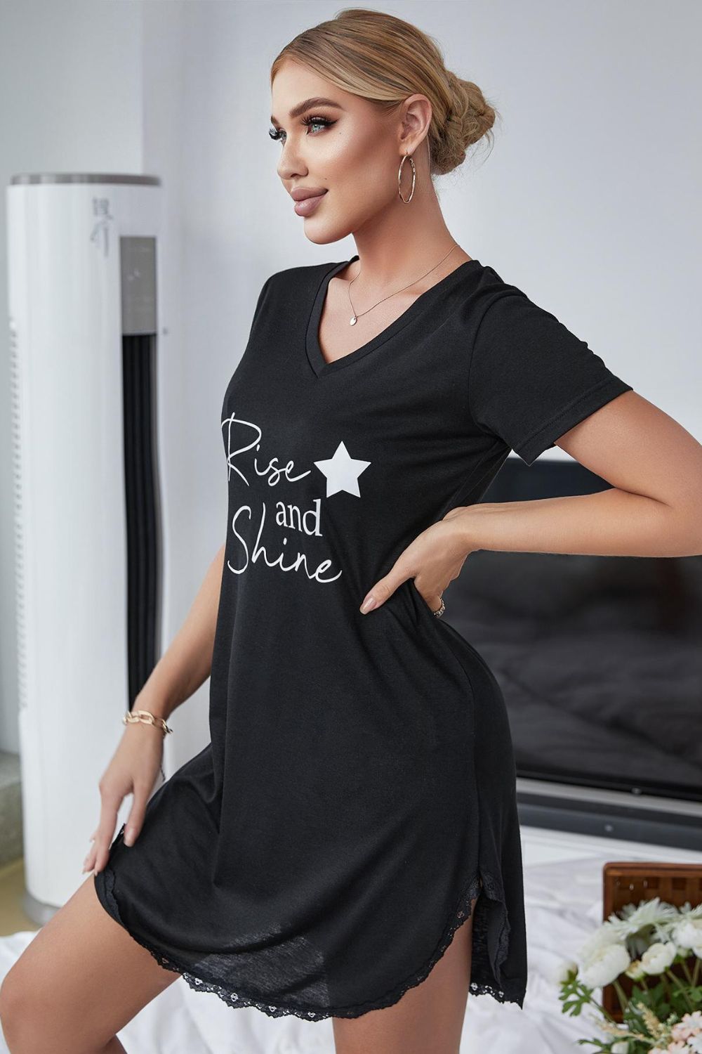 RISE AND SHINE Contrast Lace V-Neck T-Shirt Dress D'Journè Fashion