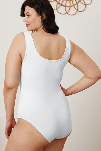 White sleeveless bodysuit, model back view