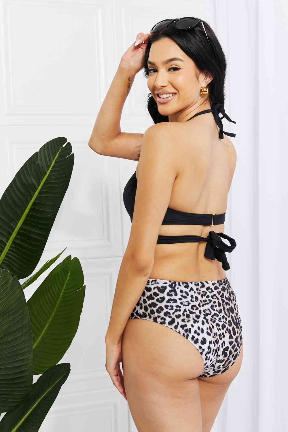 Leopard Swim Summer Splash Halter Bikini Set in Black