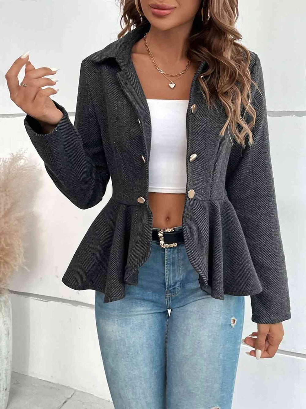 Charcoal ruffle hem collared blazer, front view on model