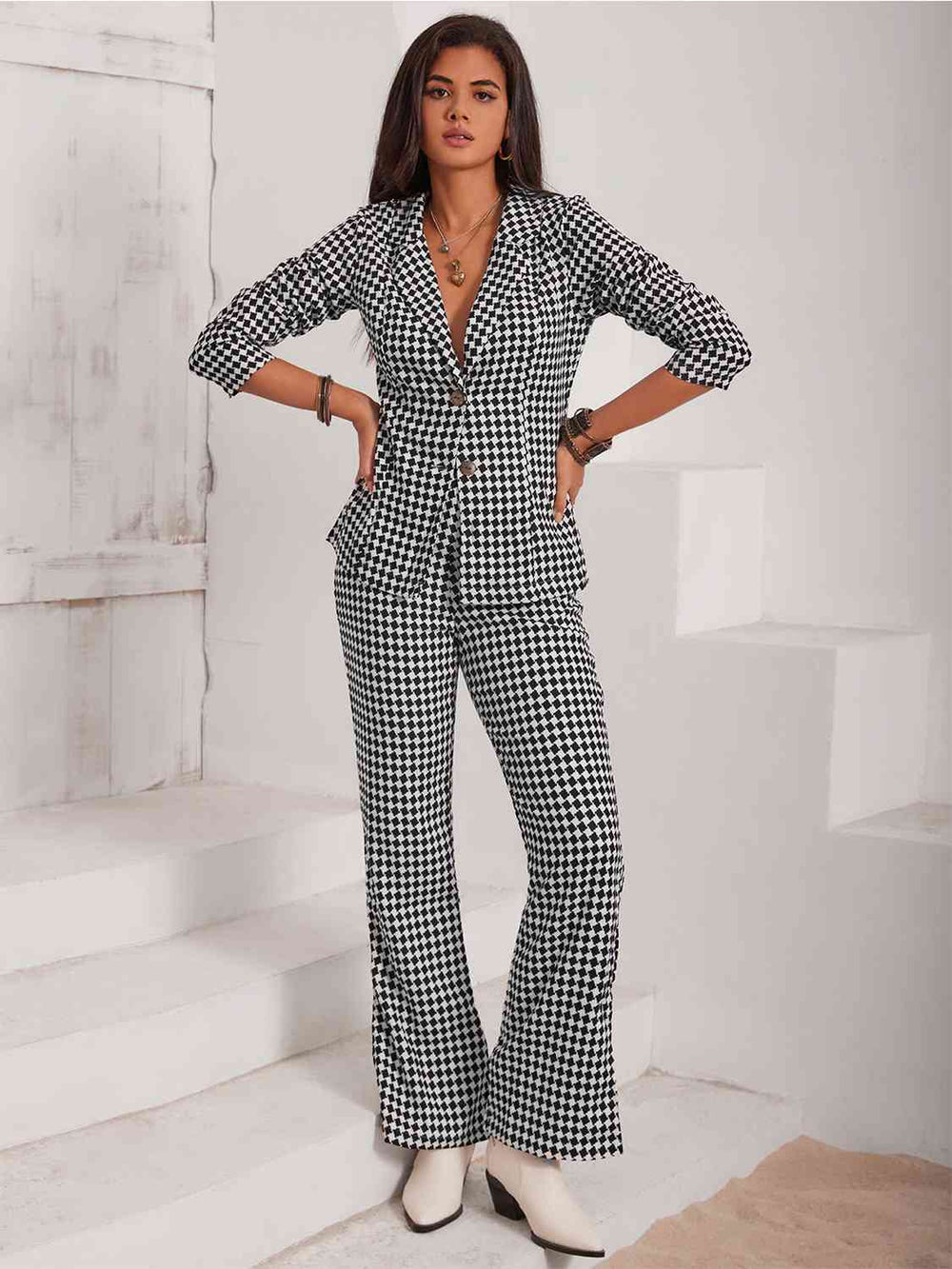 Checkered plaid tailored blazer detail, back view