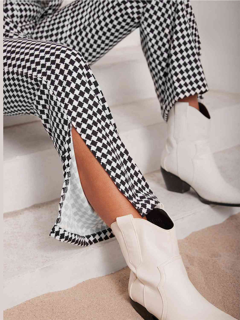 Checkered blazer and slit pants set full outfit, styled look on model